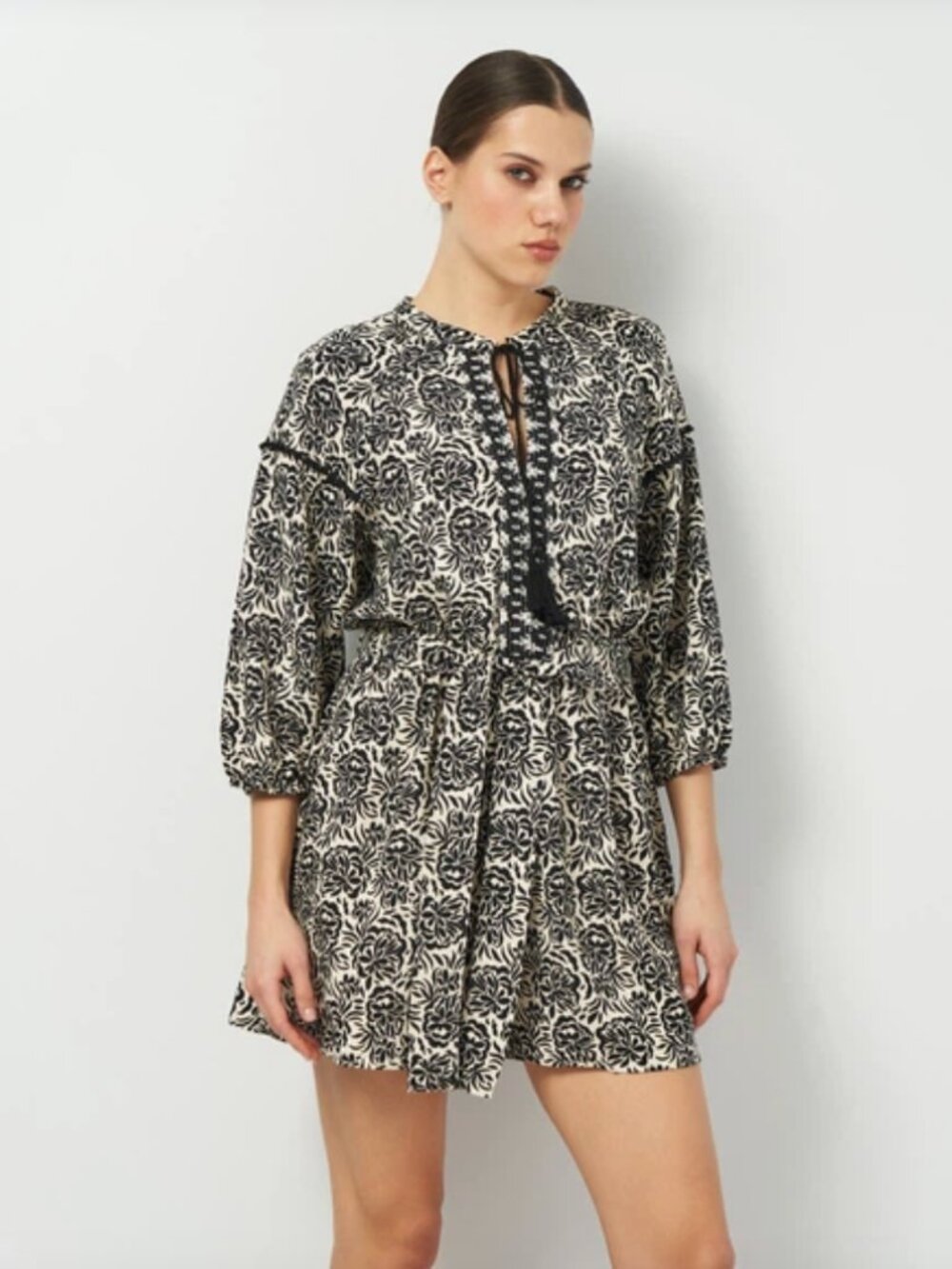 Zara | Linen Blend Floral Print Belted Romper with Tassels | Size	Large